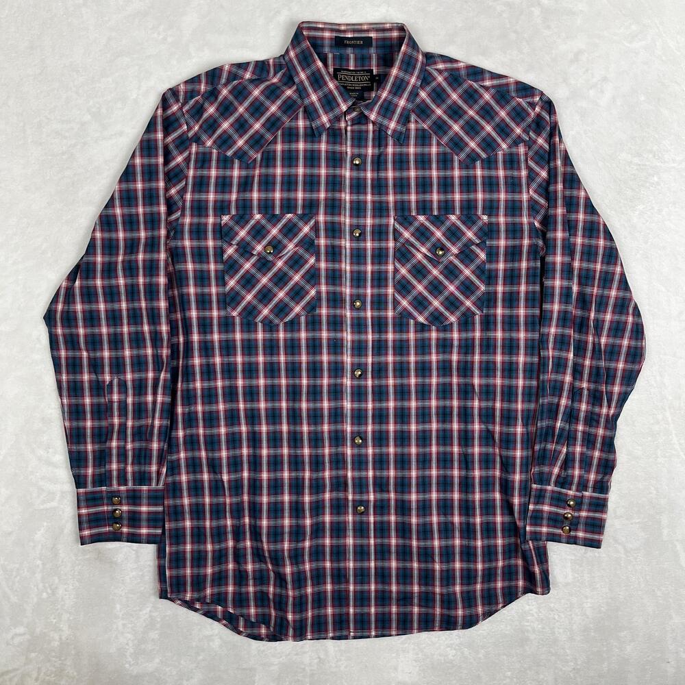 Pendleton Shirt Mens Medium Blue Plaid Long Sleeve Western Snap Front Frontier